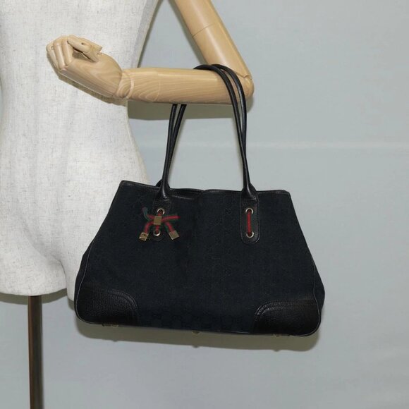 GUCCI GG Canvas Web Sherry Line Pretty Tote Bag Black Gold 163805 Auth 131957V - Picture 15 of 16